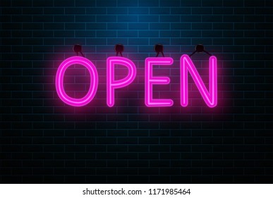 Neon open sign in circle shape on a brick wall background. Round the clock working bar or store signboard with lettering. Vector illustration.Open Shop 24/7 Neon light sign.