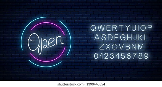 Neon open sign in circle shape with alphabet on a brick wall background. Round the clock working bar or store signboard with lettering. Vector illustration.