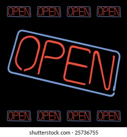 Neon OPEN sign elements isolated over black. This vector image is fully editable.