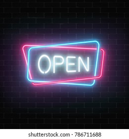 Neon open sign in geometric shapes on a brick wall background. Round the clock working bar or night club signboard with lettering. Vector illustration.