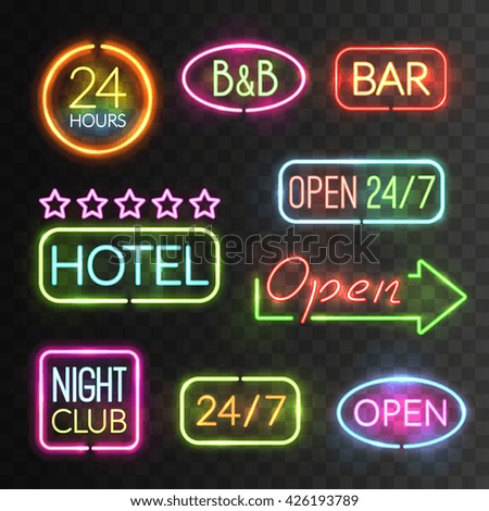 Neon open sign icon set with flash light for hotels shops casino for example vector illustration