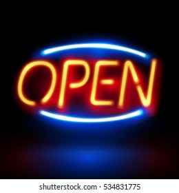 Neon Open sign with light and glow effect, vector art and illustration