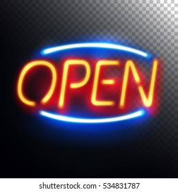 Neon Open sign with light and glow effect, isolated on transparent background, vector art and illustration