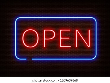 Neon Open sign light vector isolated on dark red brick wall. Night frame light decoration. Realistic glowing shining neon design element. Entrance neon Open light for bar, club. Vector illustration.