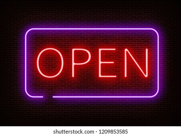 Neon Open sign light vector isolated on dark red brick wall. Night frame light decoration. Realistic glowing shining neon design element. Entrance neon Open light for bar, club. Vector illustration.