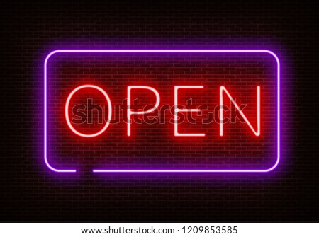 Neon Open sign light vector isolated on dark red brick wall. Night frame light decoration. Realistic glowing shining neon design element. Entrance neon Open light for bar, club. Vector illustration.