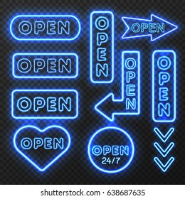 Neon open sign set with isolated images of blue electric light sign boards with arrow symbols vector illustration