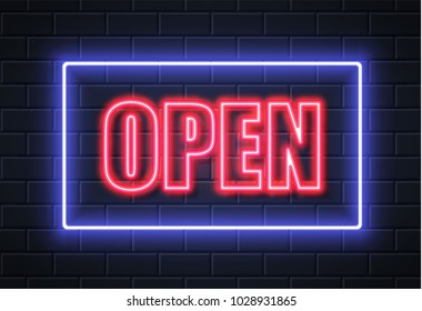 Neon open sign in square frame on brick wall background. Glowing night club, bar cafe entrance symbol. Bright blue red lamp electric illuminated decoration, retro vintage advertising illustration