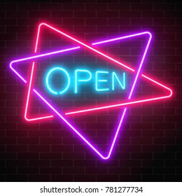 Neon open signboard in crossing triangles frames on a dark brick wall background. Round the clock working shop or nightclub sign. Vector illustration.