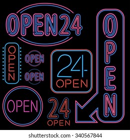  Neon open signs set. Different neon lights Open and 24 hours titles. Vector illustration