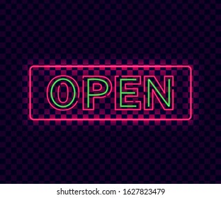 Neon open. Violet neon open sign on transparent background. Glowing laser banner. Design signboard template with open text and lights. Square sign. Isolated vector illustration