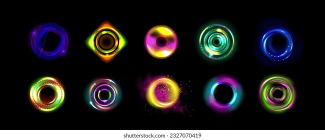 Neon optical halo flares with light glow vector effect. Circle energy flare glow abstract frame with 3d shine. Digital fantasy portal swirl shape illustration. Beautiful pink sphere twist element