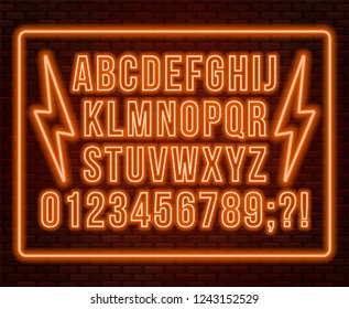 Neon Orange Font. Bright Capital Letters With Numbers On A Dark Background.