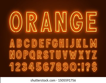 Neon Orange Font, Light Alphabet With Numbers On A Dark Background.