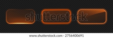 Neon orange glowing rectangle frame. 3D button, light box set. UI vector template game design