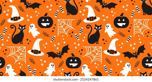 Neon orange Halloween party Vector pattern. Halloween illustration in orange and black seamless vector pattern, ghosts, bats, halloween cats, spider web, candies, stars.