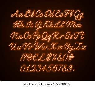 Neon Orange Script Alphabet. Glowing Cursive Font With Letters, Numbers And Special Characters.