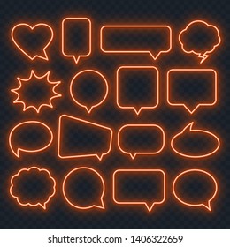 Neon orange speech bubble frame on a transparent background. Bright light frames for quotes and text. Vector.