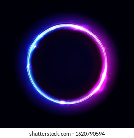 Neon orb or circle light sign, glowing ring or swirl. Bright halo. The round frame or neon lights. Vector abstract background, tunnel, portal. Geometric outline shape, laser glowing lines