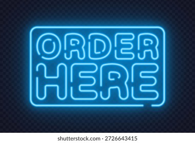 Neon Order Here sign highlights food service and retail direction. Clean glowing letters work well for cafes, restaurants, or delivery concepts.