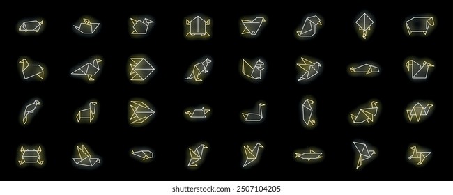 Neon origami animals set with glowing lines on a black background