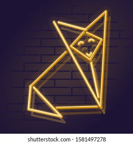 Neon origami paper fox. Square illuminated illustration of foldable traditional japanese toys. Isolated icon on brick wall background.