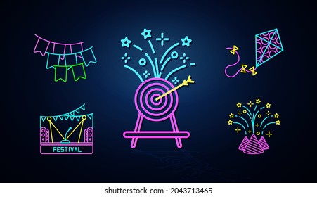 Neon ornament, fun, confetti and kite icon looks clear. Neon striped banner set. Festival and event icon set. Neon icon set.