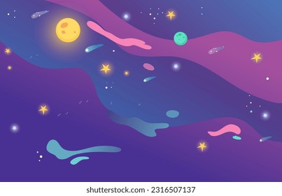 Neon outer space with planets vector illustration. Cartoon starry galaxy game background with nebula curve shape, universe with stars and falling asteroids, glowing atmosphere with space elements