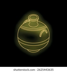 Neon outline of an ancient greek amphora glowing gold on a black background, evoking history, art, and culture