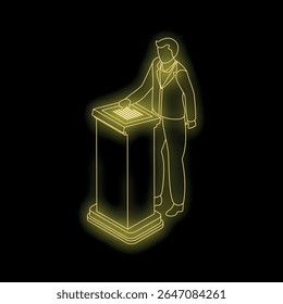 Neon outline of businessman using interactive kiosk with touch screen, innovative technology concept
