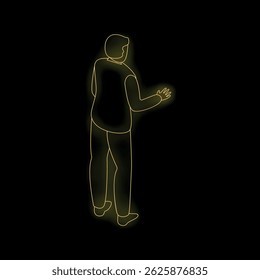 Neon outline of a businessman walking and gesturing with his hand, viewed from behind