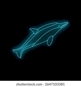 Neon outline of a dolphin swimming in dark water, creating a vibrant, ethereal underwater scene