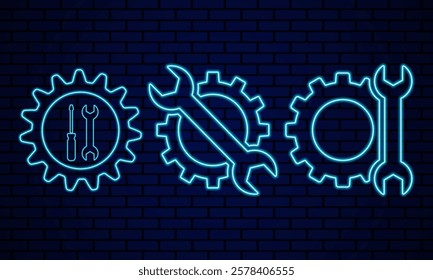Neon outline gears, glowing neon mechanical gear icons against brick wall. Wrench and screwdriver indicate repair work or technical support