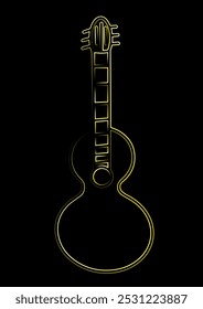 Un contorno de neón de una guitarra muestra un contraste llamativo contra un fondo negro sólido, creando un efecto visual llamativo