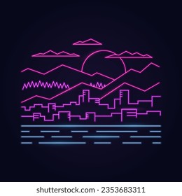 Neon outline illustration of city near river on mountains and sunset background in retro arcade game style.