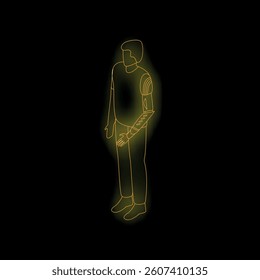 Neon outline of a man with a robotic arm, representing the future of prosthetics and human enhancement