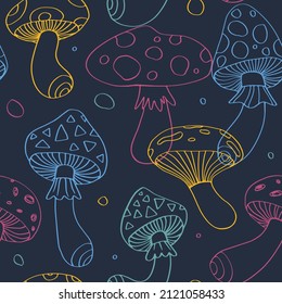 Neon outline psychedelic mushrooms pattern. Seamless vector print for textile, fabric, paper.