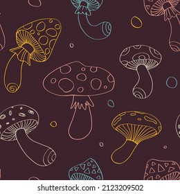 Neon outline psychedelic mushrooms pattern. Seamless dark vector print with toadstool for textile, fabric, paper.