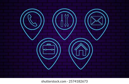 Neon outline sign of icons on a brick wall background. Neon outline sign depicts a telephone receiver, screwdriver, wrench, envelope, briefcase and house