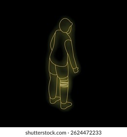 Neon outline of a soccer player wearing shin guards, shorts, and sweatshirt getting ready for a night training match