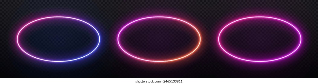 Neon oval frame. Circle laser light. Ellipse with led glow. Electrical gradient border for design with text.