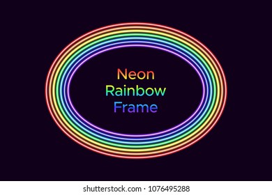 Neon oval frame in rainbow color. Vector template of rainbow neon frame consisting of seven outlines on the dark background
