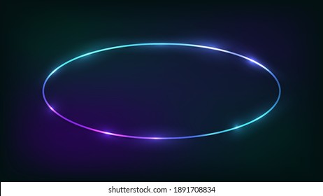 Neon oval frame with shining effects on dark background. Empty glowing techno backdrop. Vector illustration.