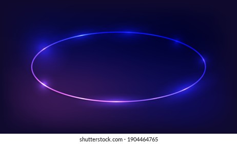 Neon oval frame with shining effects on dark background. Empty glowing techno backdrop. Vector illustration.