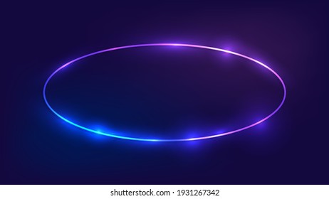 Neon oval frame with shining effects on dark background. Empty glowing techno backdrop. Vector illustration.