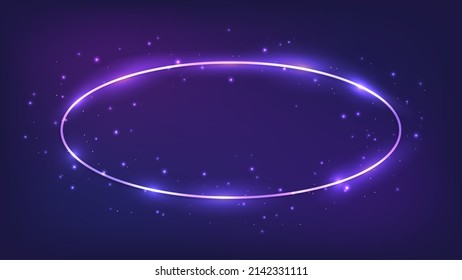 Marco óvalo neón con efectos brillantes y destellos en el fondo oscuro. Fondo tecno brillante vacío. Ilustración del vector