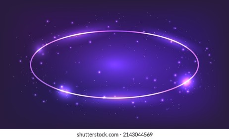 Neon oval frame with shining effects and sparkles on dark background. Empty glowing techno backdrop. Vector illustration