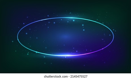 Neon oval frame with shining effects and sparkles on dark background. Empty glowing techno backdrop. Vector illustration