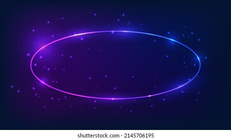 Neon oval frame with shining effects and sparkles on dark background. Empty glowing techno backdrop. Vector illustration