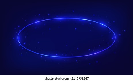 Marco óvalo neón con efectos brillantes y destellos en el fondo oscuro. Fondo tecno brillante vacío. Ilustración del vector